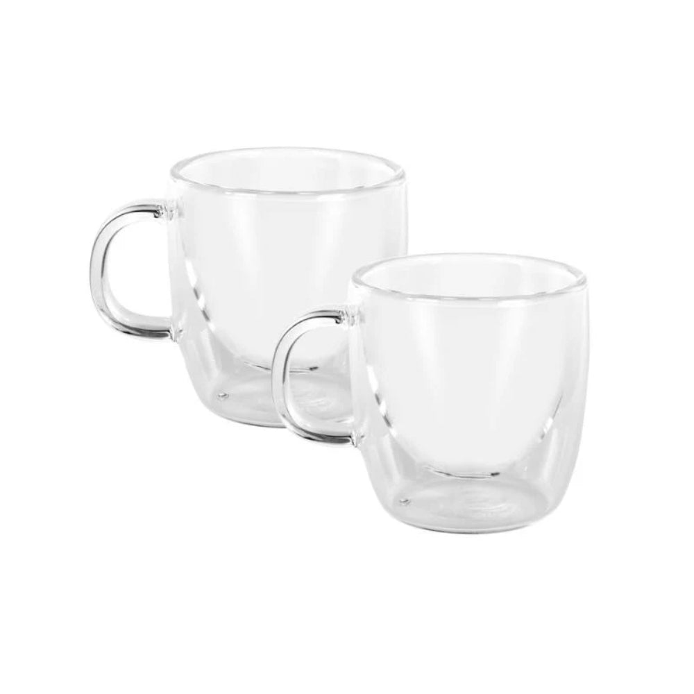 An image of 2 medium sized double walled glasses with a handle. They are completely transparent and have a 250ml capacity