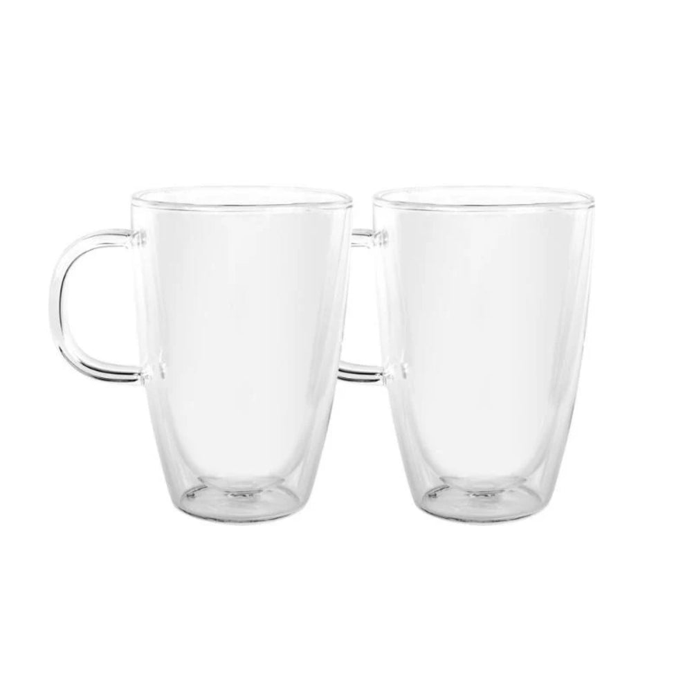 An image of 2 tall and relatively narrow double walled glasses with a handle. They are completely transparent and have a 350ml capacity