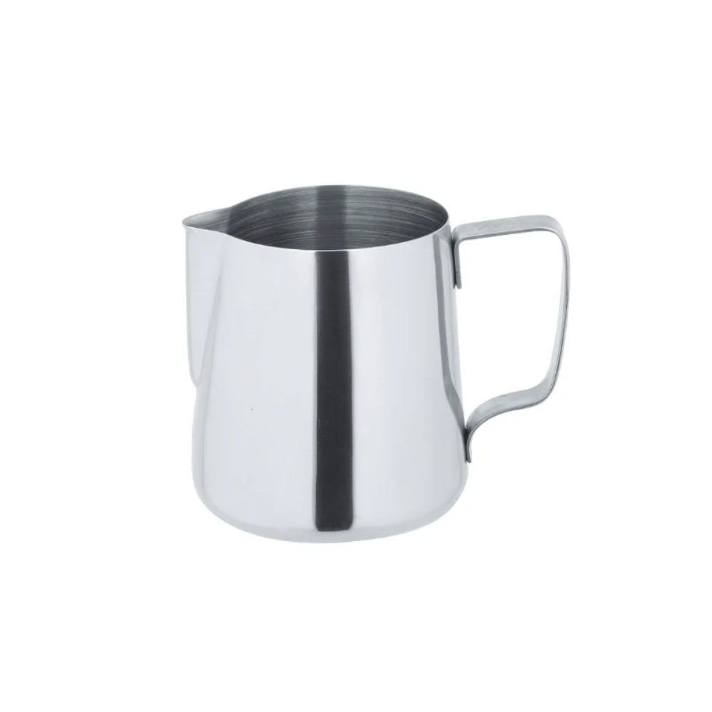 A silver, stainless steel milk pitcher. It has an rectangle-shaped handle that curves slightly, and a spout. Its capacity is 600ml