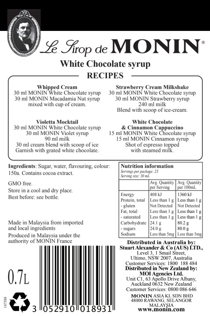 Monin White Chocolate Syrup 700ml Nutrition&#39;