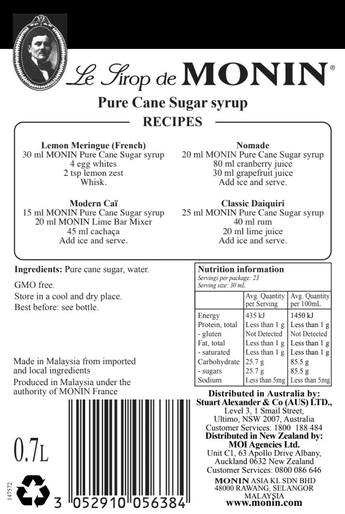 Monin Pure Sugar Cane Syrup 700ml Nutrition